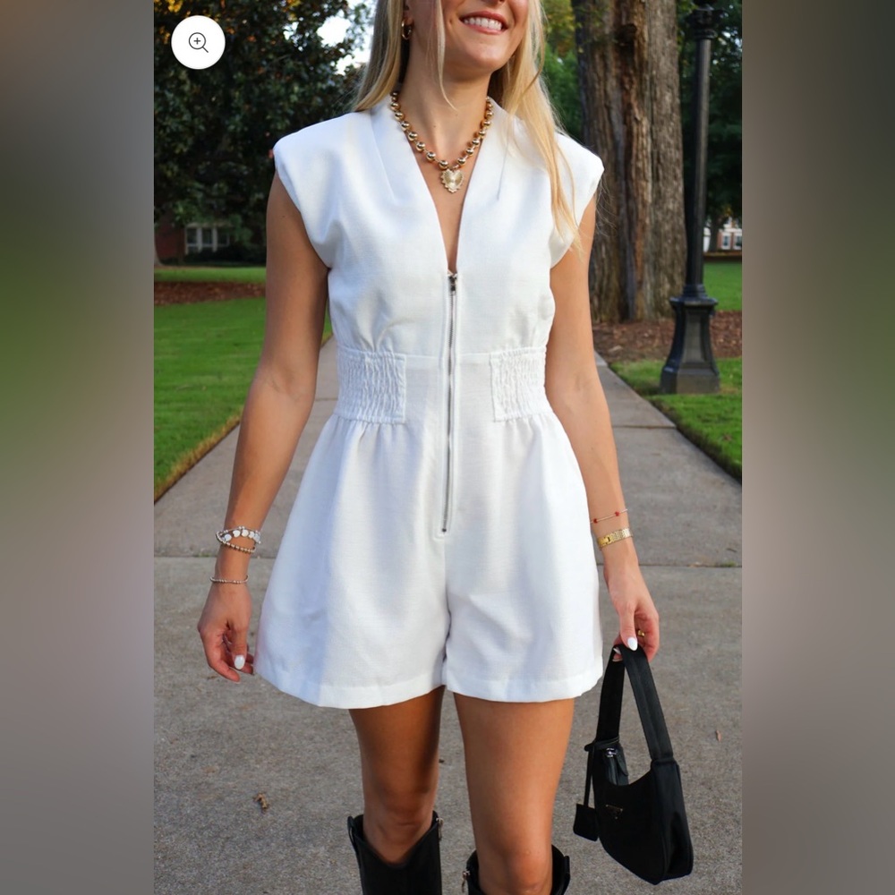 glam NEW White Smocked Front Zip ShoulderPads Sporty Edge Feminine Polish Romper